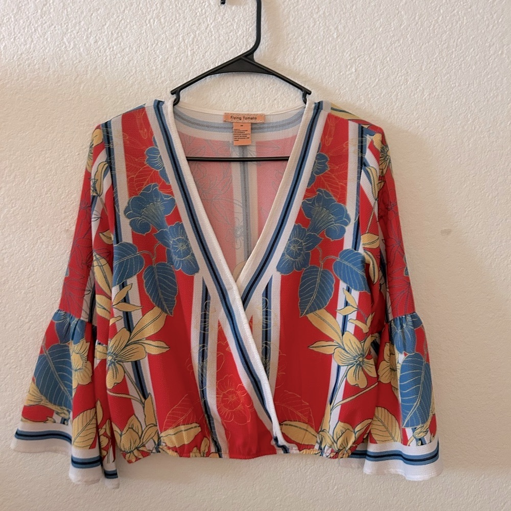 Flying Tomato Red and Blue 3/4 Sleeve Crop Blouse